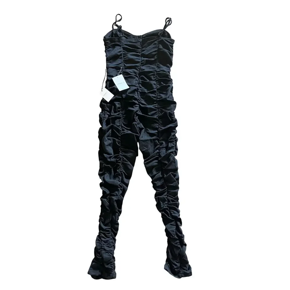 Forever 21 Ruched Jumpsuit Small Black Bustier Sweetheart Ankle Woven Cotton New - Picture 6 of 10